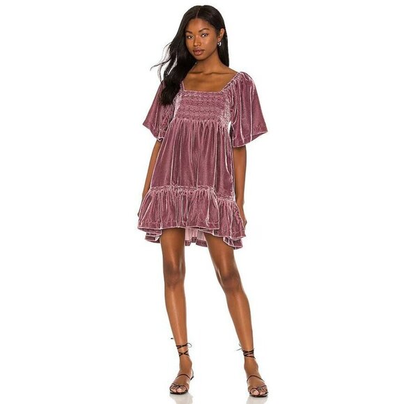 Free People Easy To Love Mini Dress in Dried Currant Small Womens Velvet Babydol - Picture 10 of 12